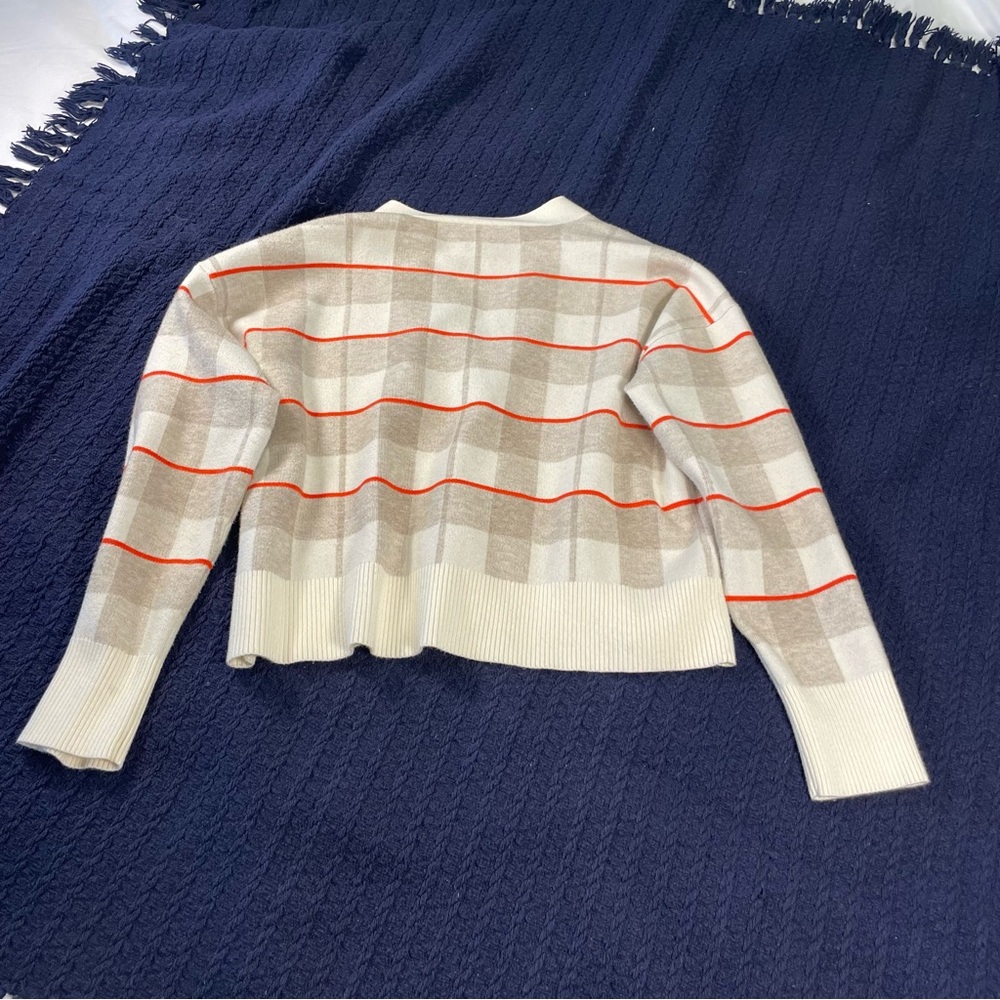 Cyrus Plaid Stripe Cardigan M – Soft Neutral Knit w/ Orange Lines Cozy Preppy - Picture 7 of 9